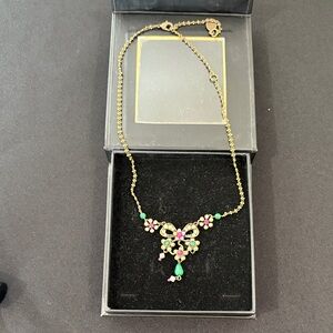 Michal Negrin Gold Necklace with Green and Pink Accents 18”